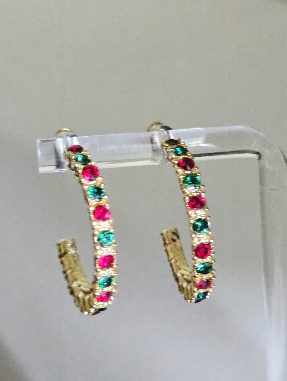 Vintage Gold Tone Hoop Earrings with Red and Green Stones - Picture 10 of 16